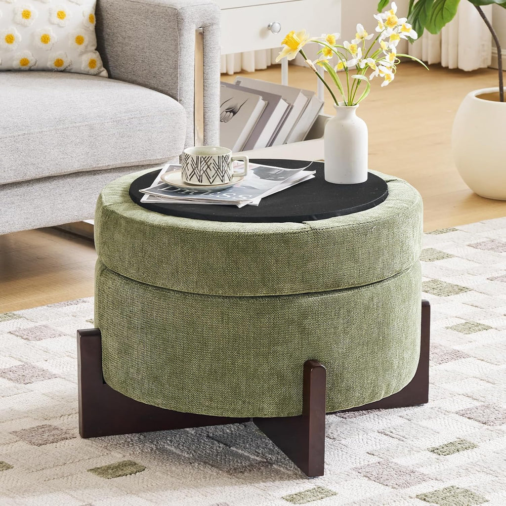 26Inch Round Storage Ottoman, Modern Chenille Upholstered Ottoman with Storage, Ottoman Coffee Table with Removable