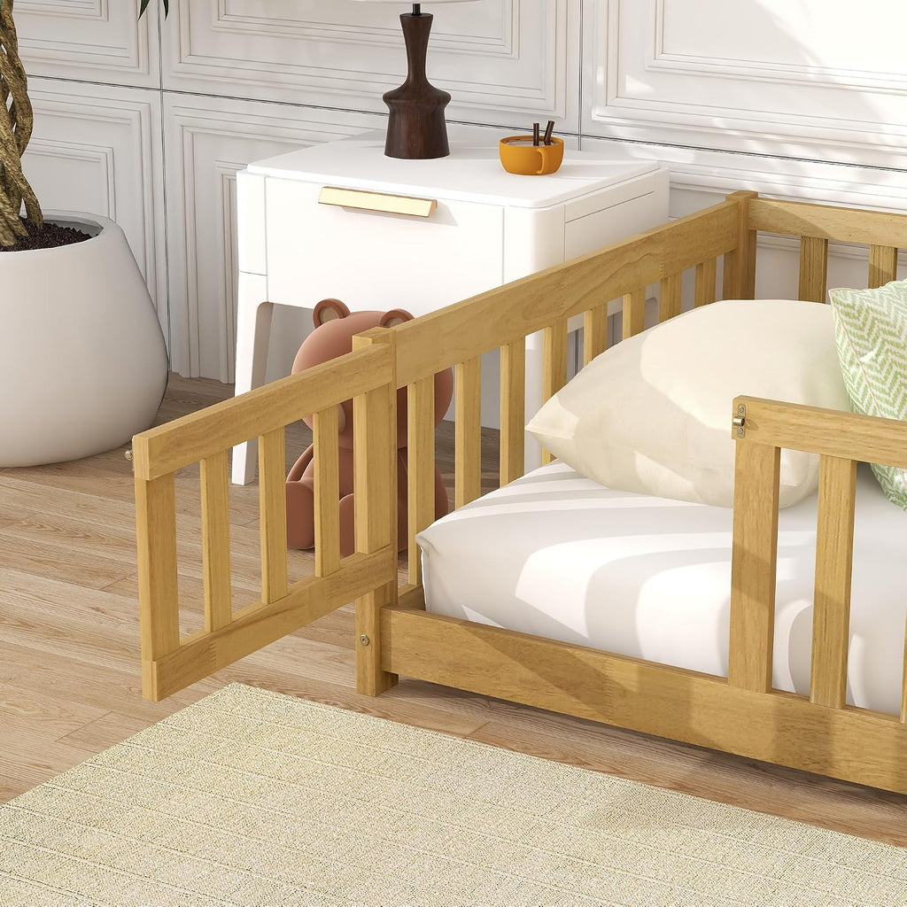 Slats and Safety Guardrail, Wood Twin Size Montessori Floor Bed with Door and Fence, Easy Assemble Montessori