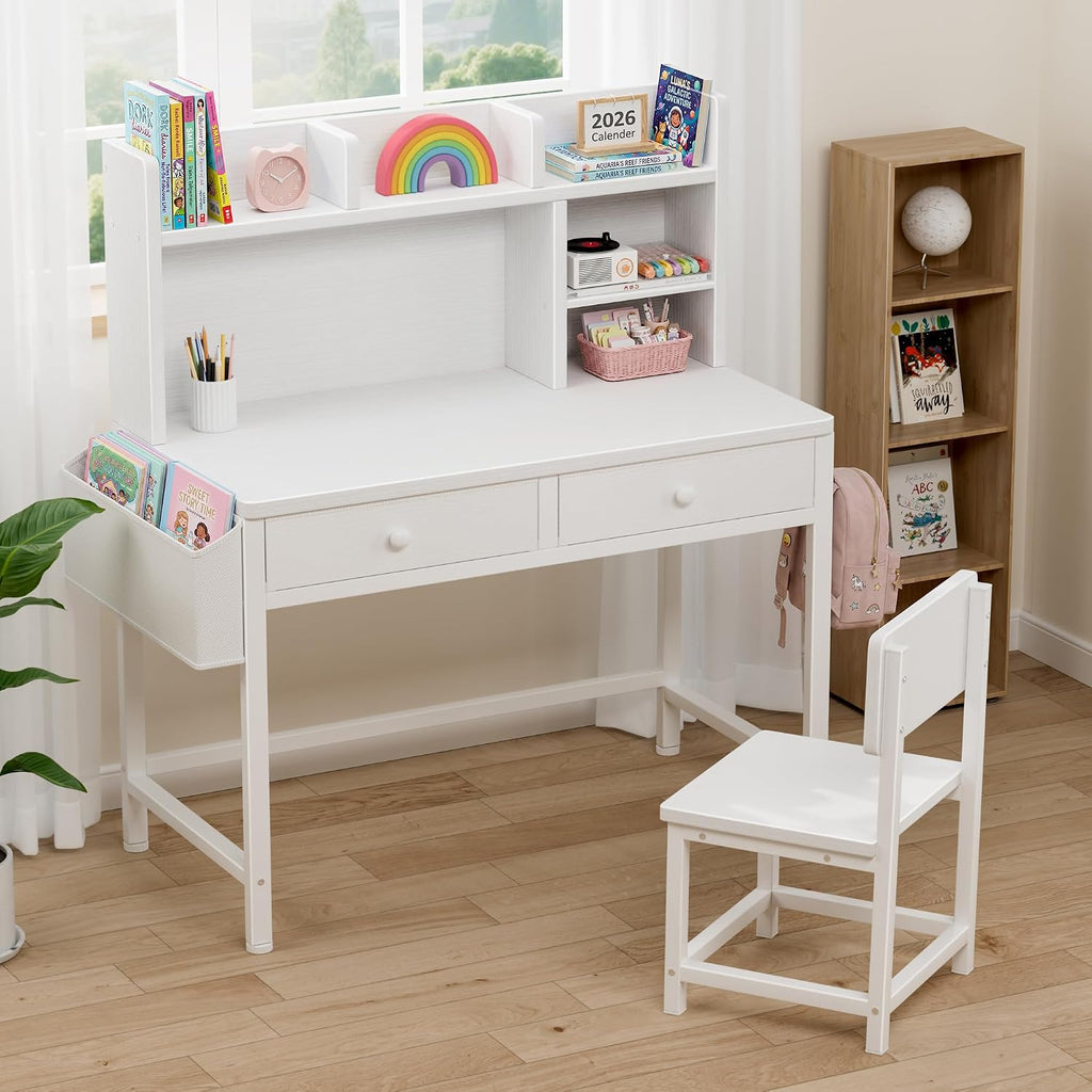 White Kids Desk with Hutch for Kids Desk and Chair Set 10-12 Year Old, Children Study Desk with Fabric Drawer Storage