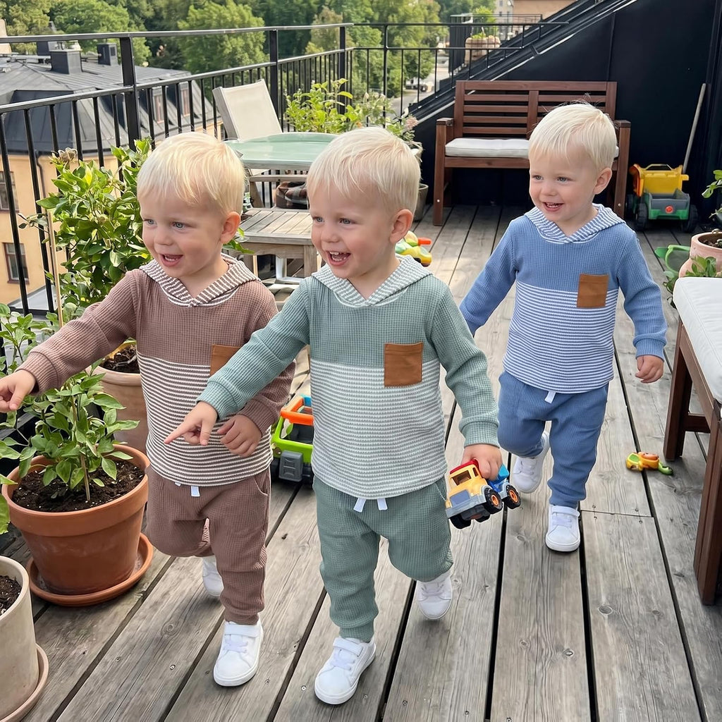 Toddler Baby Boy Fall Outfit Set Contrast Color Stripe Long Sleeve Hoodie Hooded Jogger Pants Infant Waffle Clothes
