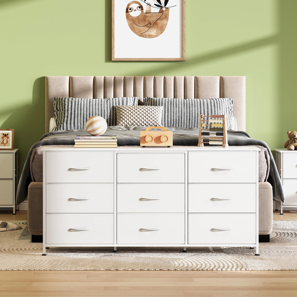 TV Stand for 65'' TV, 9 Fabric Drawers of Wide, White