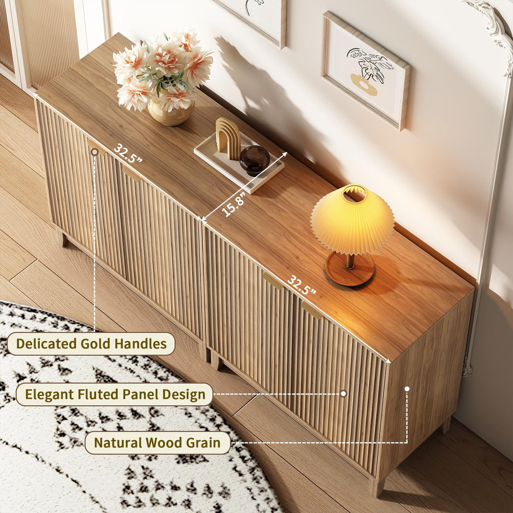 Fluted Accent Cabinet with Doors and Shelves Modern Wood Storage Cabinet Living Room Mid-Century Sideboard Credenza