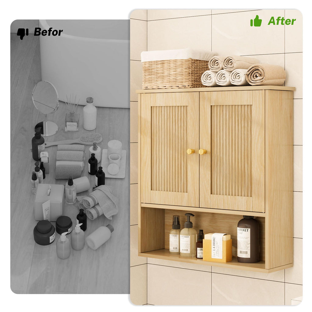 Bathroom Cabinet Wall Mount, Fluted Medicine Cabinet, Natural