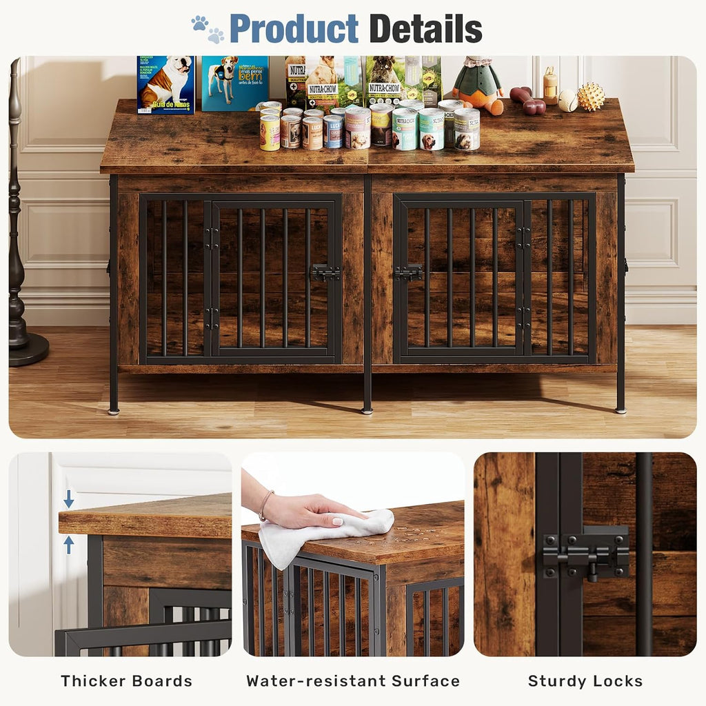Dog Crate Furniture for 2 Dogs with Divider, Brown