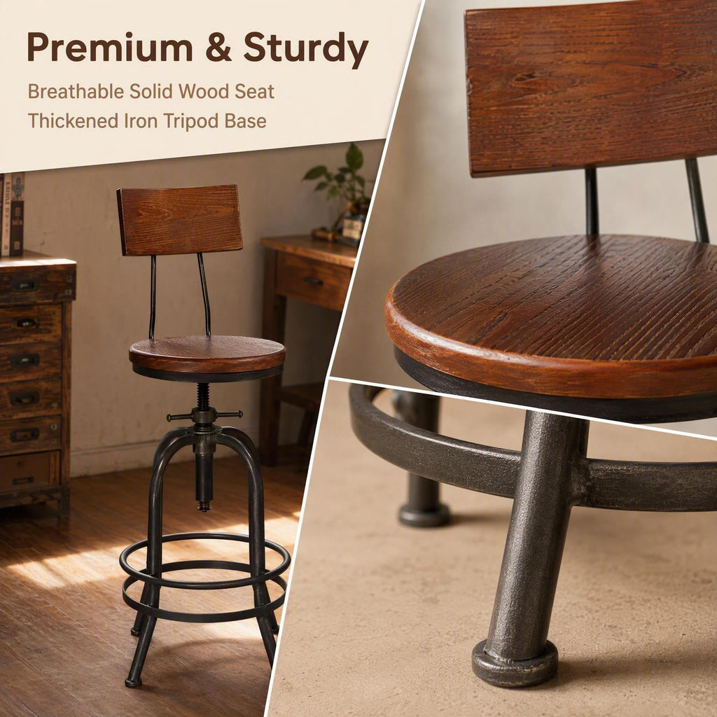 Set of 2 Industrial Bar Stools with Backrest 26-32inch Counter Height Adjustable Rustic Kitchen Island Stool Vintage
