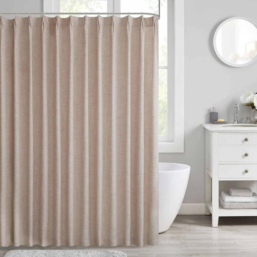 Camel Linen-Like Pinch Pleated Shower Curtain, 72 Inch Wide, Fabric Bathroom Curtain with Memory Shape, Modern