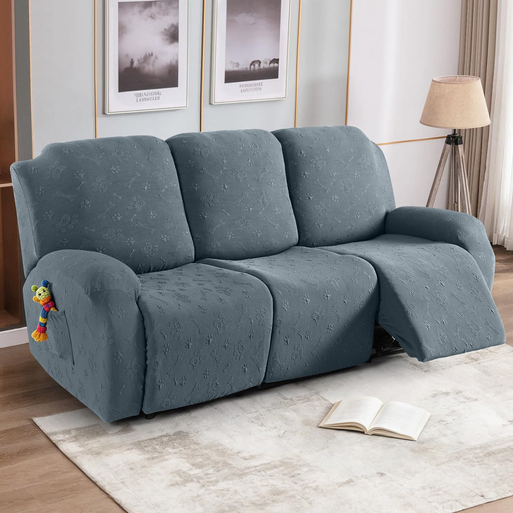 Stretch Recliner Couch Cover, 3 Seat, 8-Piece Set, Gray