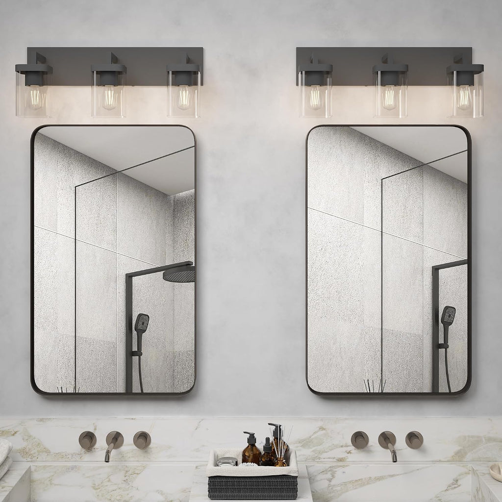 Bathroom Lighting Fixtures Over Mirror, Square Design & Rectangle Large Backplate, 3 Lights Morden Vanity Lighting