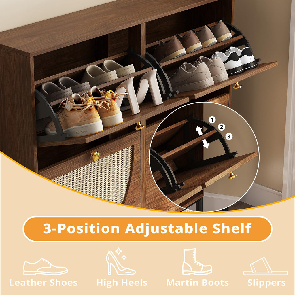 Rattan Shoe Cabinet Storage with 4 Flip Drawers, Walnut