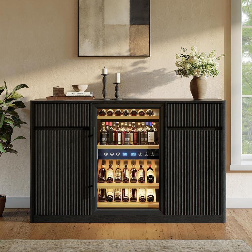 53" Fluted Coffee Bar Cabinet with Mini Fridge Space, 2 Drawers and Charging Station, Black