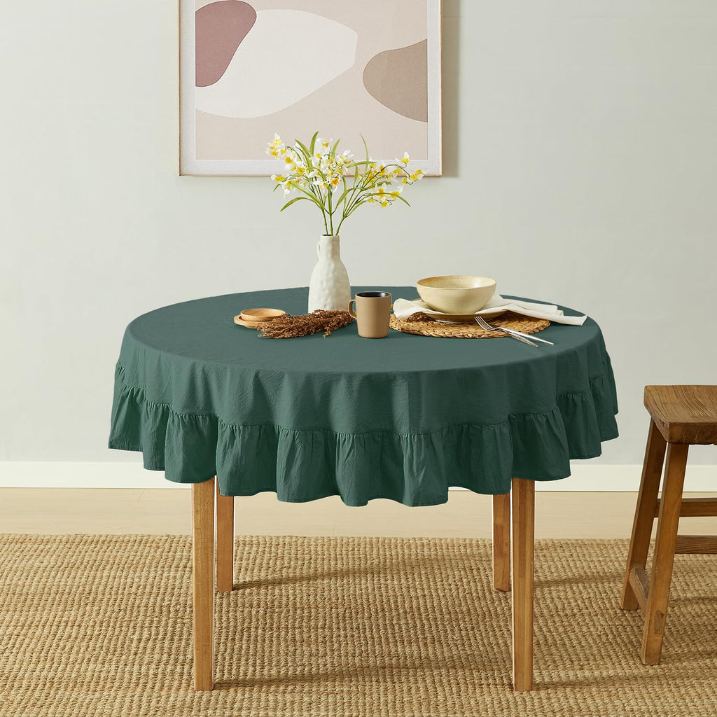 Ruffle Farmhouse Rustic Round Natural Stonewashed Cotton Tablecloth, Restaurant (60" Round, Teal Green)