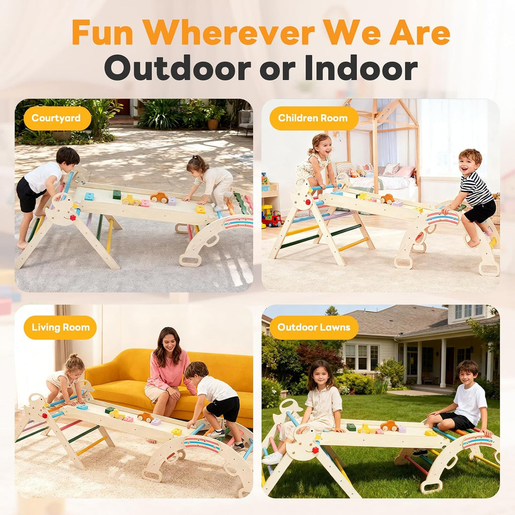 Triangle Set, Montessori Wooden Kids Climbing Frame, Indoor Jungle Gym with Climbing Net & Ramp for Toddlers, Stable