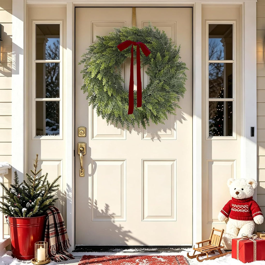 26" Christmas Cedar Wreaths for Front Door, Real Touch Handmade Full Artificial Cedar Wreath Set, Faux Greenery