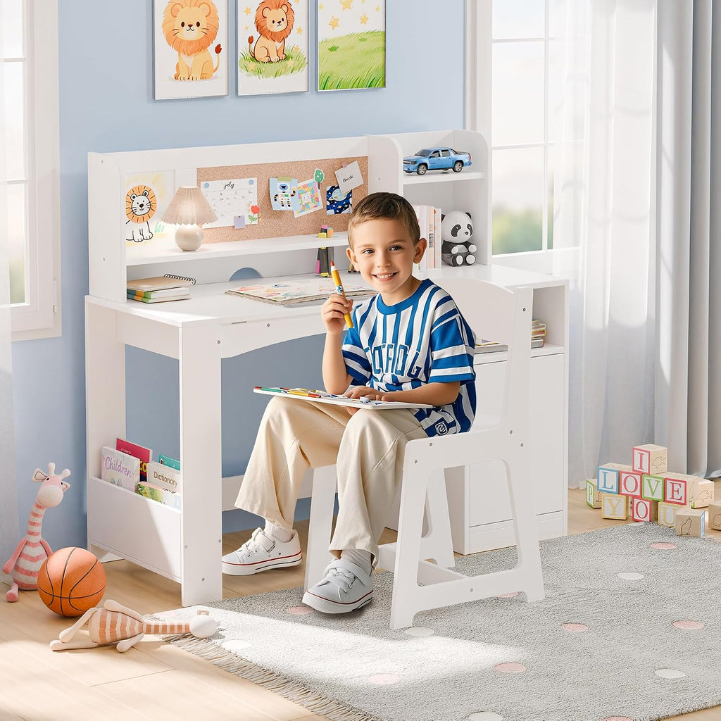 Kids Desk and Chair Set, Wooden Desk for Kids with Tiltable Desktop & Hutch, Kid Desk with Storage Cabinet, Study