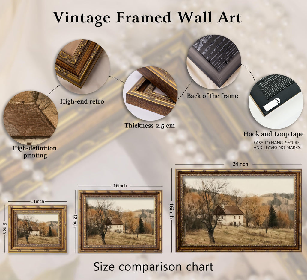 Vintage Gold Framed Autumn Country Cottage Wall Art, Rustic Farmhouse Landscape Canvas Prints, Retro Fall Cabin