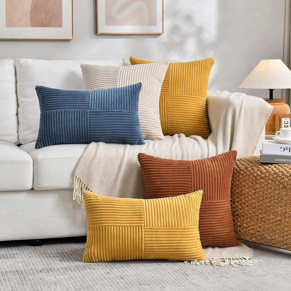 2 Packs Rust Boho Decorative Throw Pillow Covers 18x18 Inch, Farmhouse Fall Home Decor, Soft Corss Corduroy Patchwork