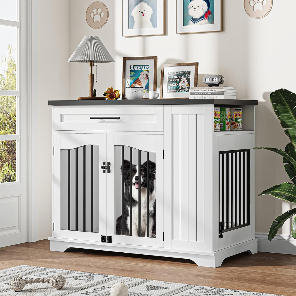 Furniture Style Dog Crate, 44 Inch Heavy Duty Dog Kennel Furniture with Drawer & Side Storage and Bulit-in Feeding