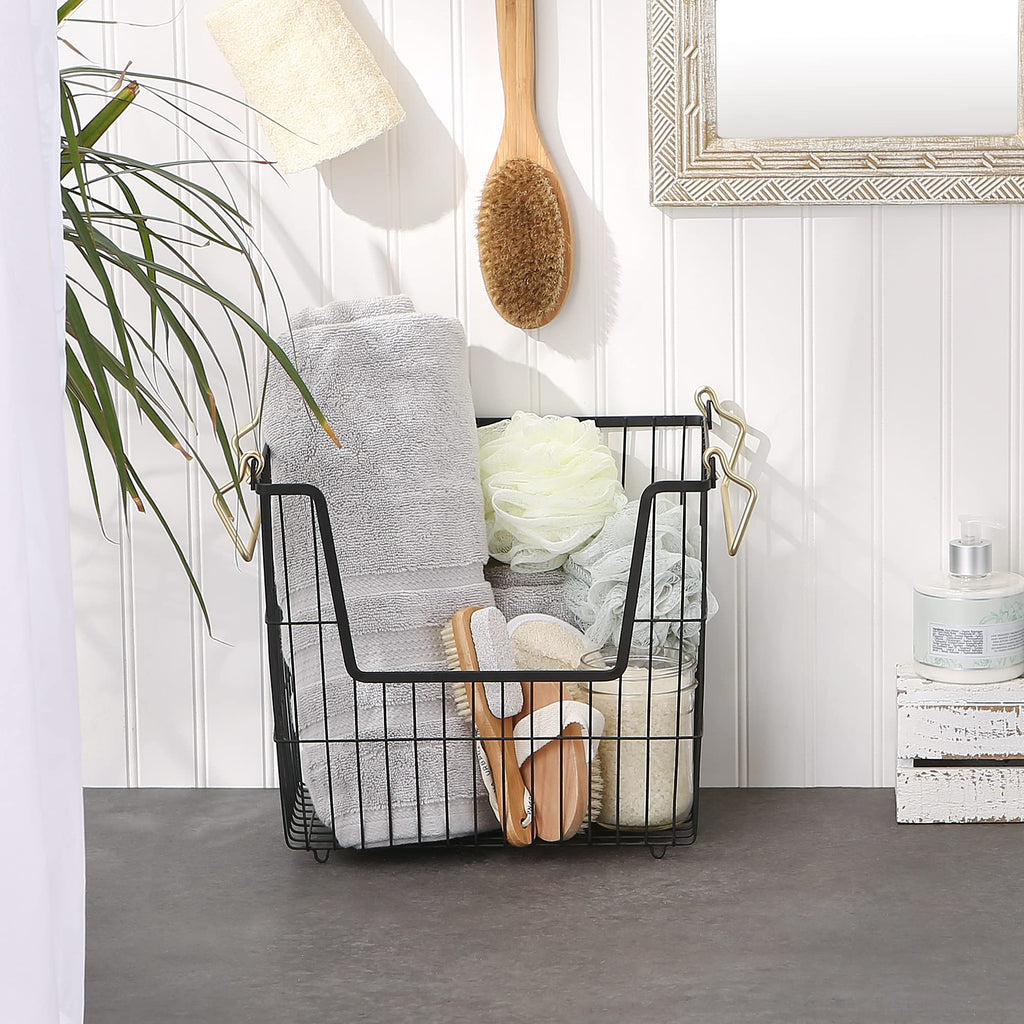 Metal Wire Utility Storage Bin, Large Rectangle, 13x10x11", Black/Gold