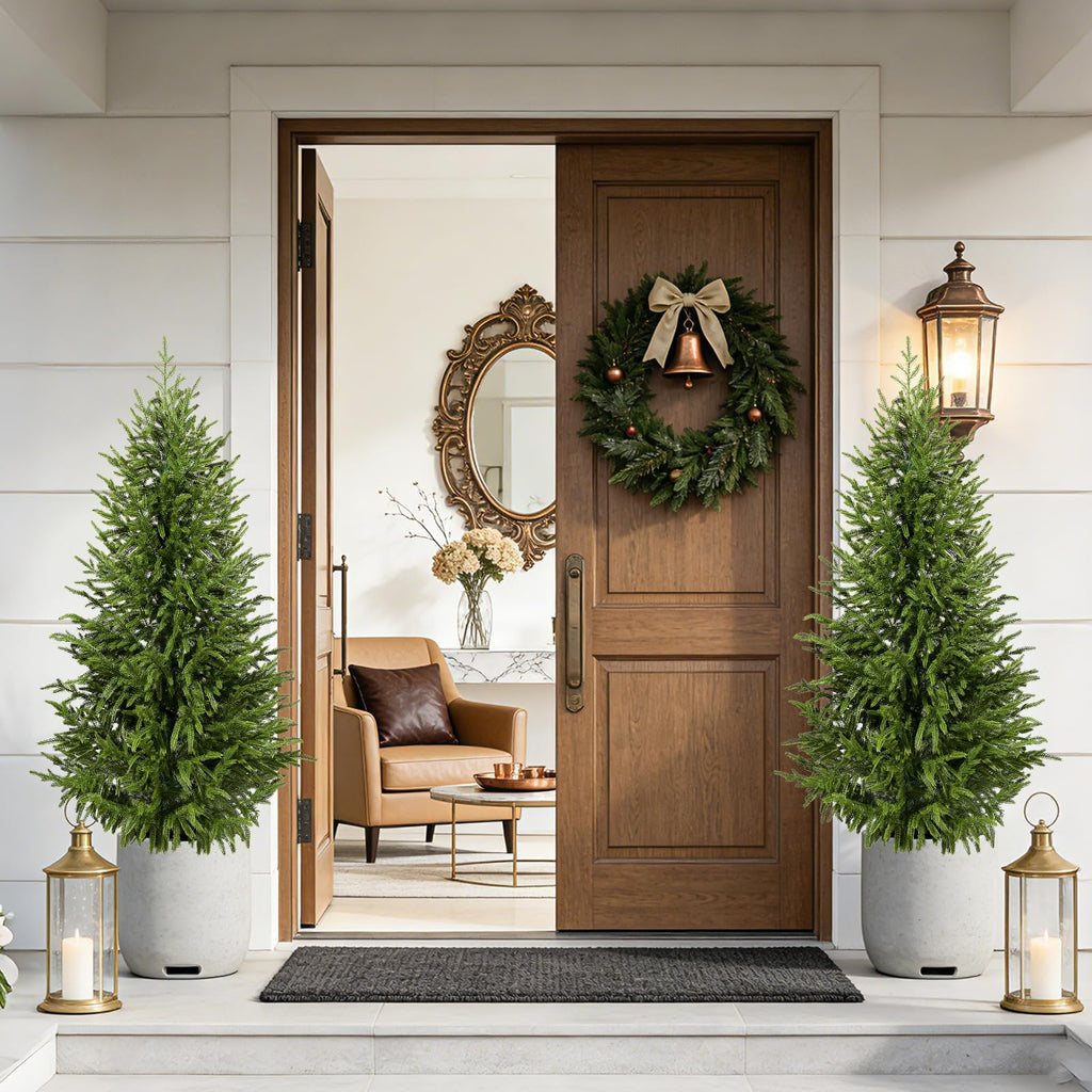 4ft 2Pack Artificial Cedar Topiary Trees 2 Pack, Real Touch Cedar Tree Potted UV Resistant Evergreen Tree for Outdoor