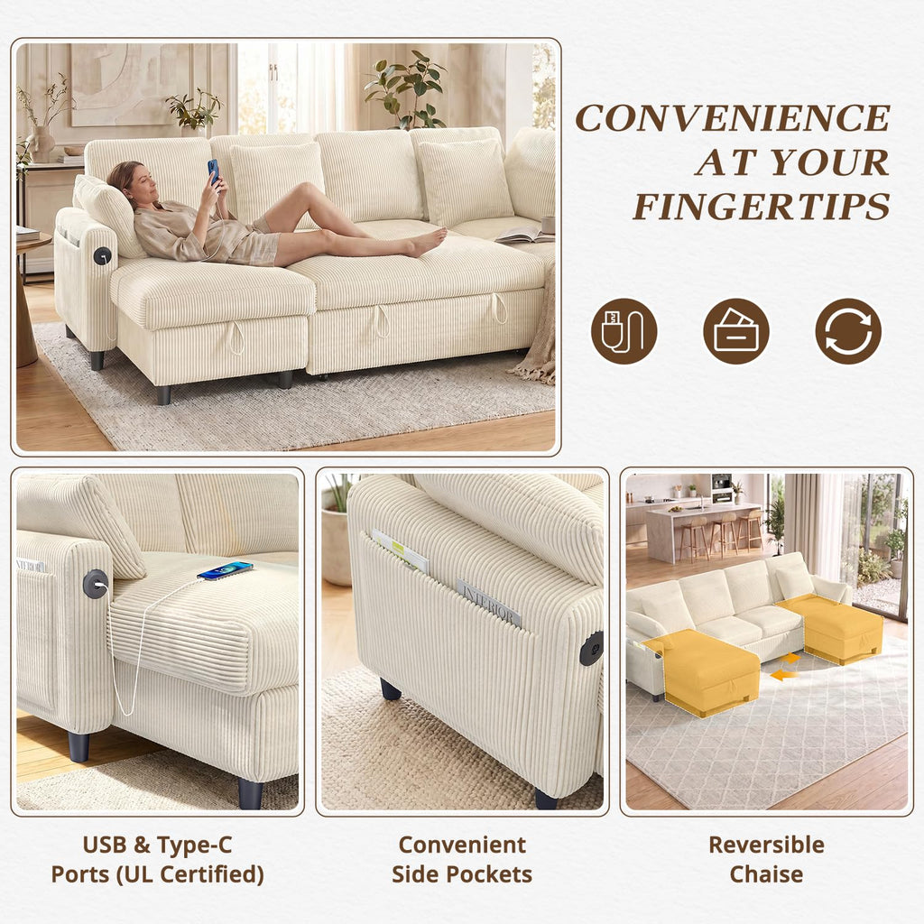 5-Seat Sleeper Sofa Bed with Reversible Chaise Lounge Sectional, Corduroy U-Shaped Convertible Couch Set with USB