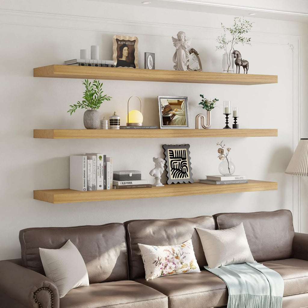 60 Inch Long Floating Shelves for Wall Set of 3, Solid Wood Natural Floating Shelves 10in Depth, 5ft Large Wall Shelf