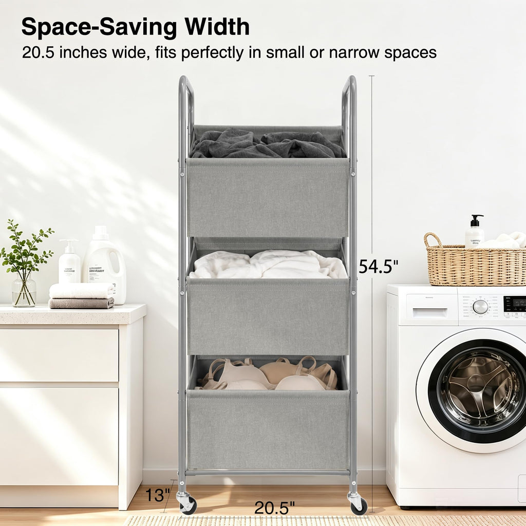 3-Tier Vertical Rolling Laundry Hamper, Removable Bags, Gray Faric