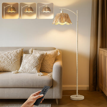 Rattan Floor Lamp with 3 Color Temperatures, Boho Floor Lamp with Remote & Dimmable Bulb, Farmhouse Standing Lamp for