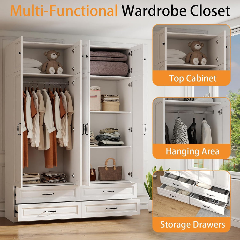Armoire Wardrobe Closet with Drawers: 31.5" Large Wood Wardrobe Closet with 2 Doors and 2 Drawers, Modern Clothes