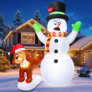 5.5 FT Inflatable Snowman with Puppy Dog, Christmas Outdoor Yard Decoration, Blow Up Shocked Snowman with Peeing