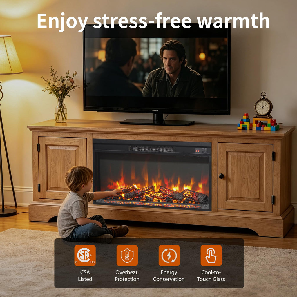 30" Electric Fireplace Insert, Realistic Flame & Log Set, 4-Level Brightness, 1400W Fireplace Heater with Thermostat