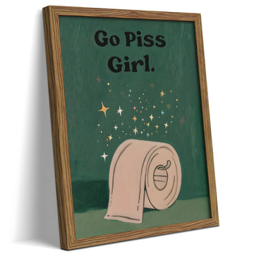 Funny Bathroom Wall Art Framed Canvas Print, Go Piss Girl Toilet Paper Painting Picture, Humorous Restroom Decor