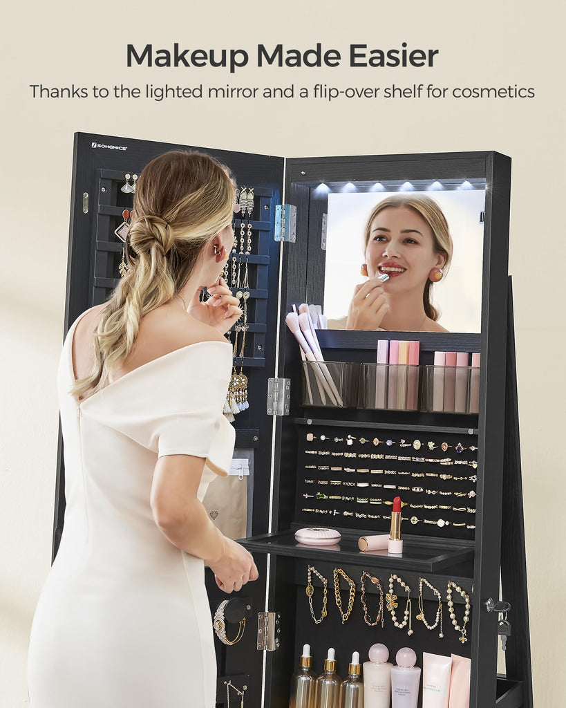 LED Mirror Jewelry Cabinet Standing, Adjustable Lights, Lockable