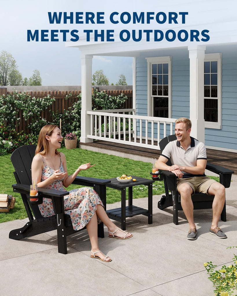 HDPE Folding Adirondack Chair Set of 2 with Side Table, Black | All-Weather Resistant & Wood Textured & Cup Holder