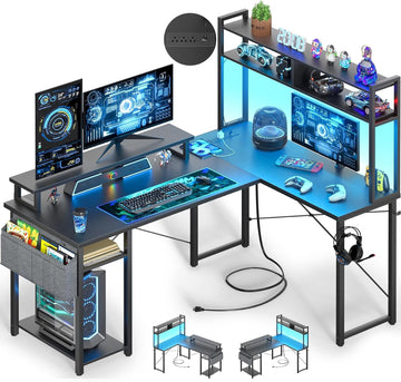 48" Small L Shaped Desk Gaming Desk with Power Outlets & Led Lights | Reversible L Shaped Computer Desk with Monitor