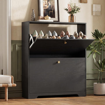 Shoe Cabinet with 2 Flip Drawers, Narrow Shoe Organizer Cabinet, Freestanding Shoe Rack Cabinet, Modern Shoe Storage