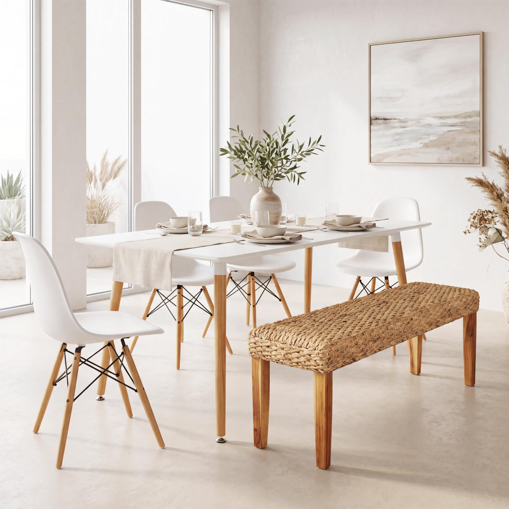 Indoor Wicker Bench 47" Solid Wood Acacia & Natural Woven Seat, Natural Leg