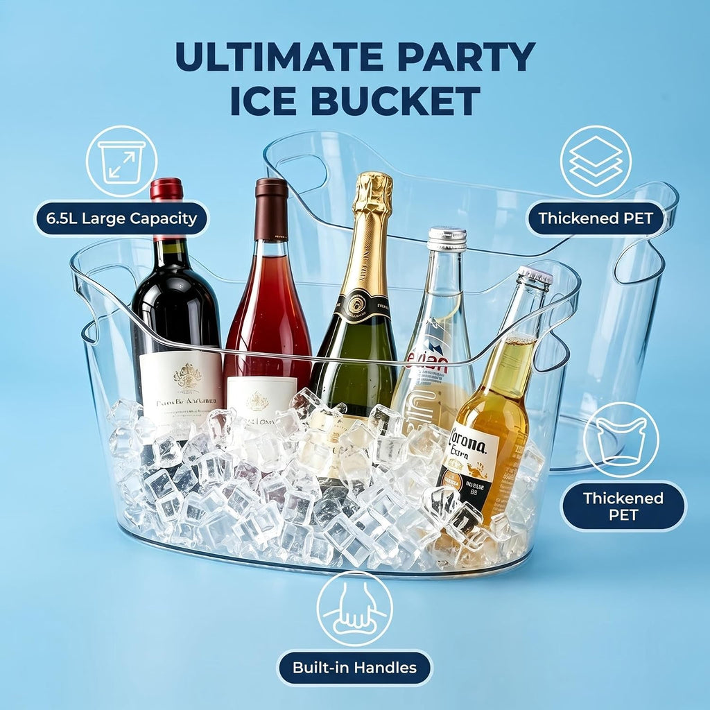 Extra Large 6.5L Clear Plastic Ice Bucket, 2 Pack Beverage Tubs with Scoops, for Champagne, Beer, Wine, Cocktails - Set of 2