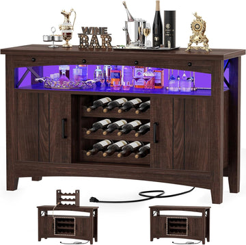 Farmhouse Coffee Bar Cabinet, Liquor Cabinet Bar , Wine Bar Cabinet with LED Lights and Outlets,Wine Cabinet with