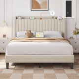 Queen Bed Frame with USB Charging Station and Storage Shelf/Upholstered Headboard Platform Bed with Wing Side/Wooden