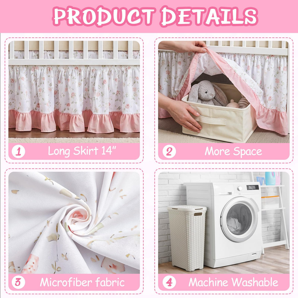 Pink Crib Skirt for Baby Girls Boys, 100% Washed Cotton Bed Skirt