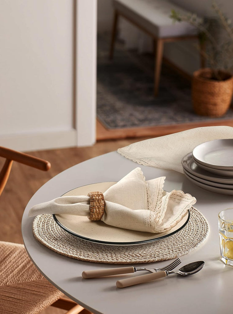 Cloth Dinner Napkins, 12-Pack, 20x20 in, Natural | Flax-cotton blend, lace trim, mitered corners, machine washable