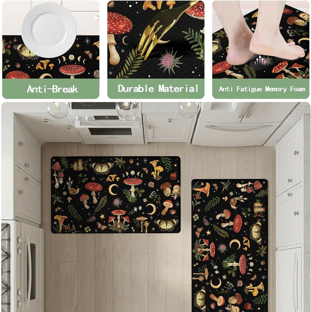 Mushroom Rug Kitchen Mats for Floor Cushioned Anti Fatigue Kitchen Rugs Sets of 2, Non Slip Waterproof Black Kitchen