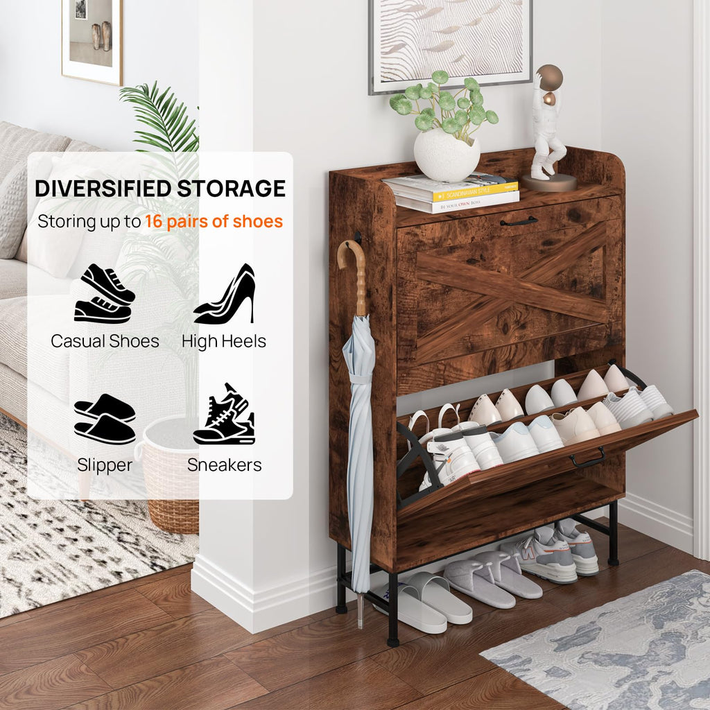 Shoe Storage Cabinet, Narrow Shoe Cabinet with 2 Flip Drawers, Freestanding Shoe Organizer with Open Storage