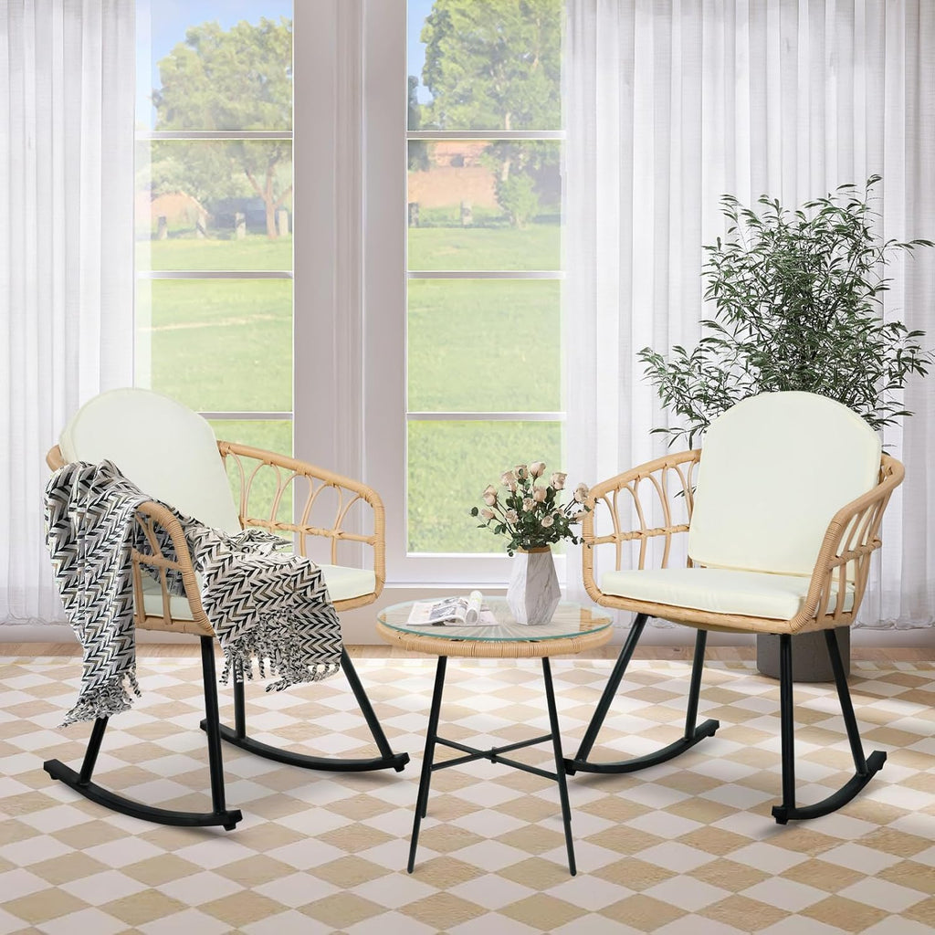 3 Pieces Rocking Chairs Set - Outdoor Wicker Rattan Rocking Chairs with Thickened Cushions, Boho Patio Furniture