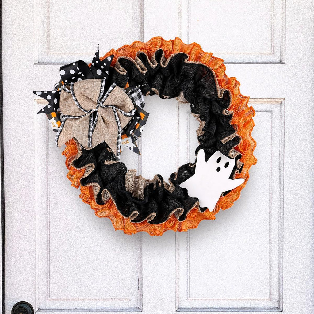 Halloween Boo Ghost Wreath, Burlap Wreath with Bows for Front Door, Farmhouse Favors Trick of Treat Props, Halloween