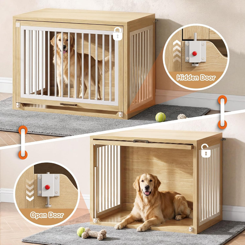 Dog Crate Furniture - 42'' Wooden Dog Kennel for Large Dogs up to 80 lb, Large Dog Crate with Hidden Sliding Door