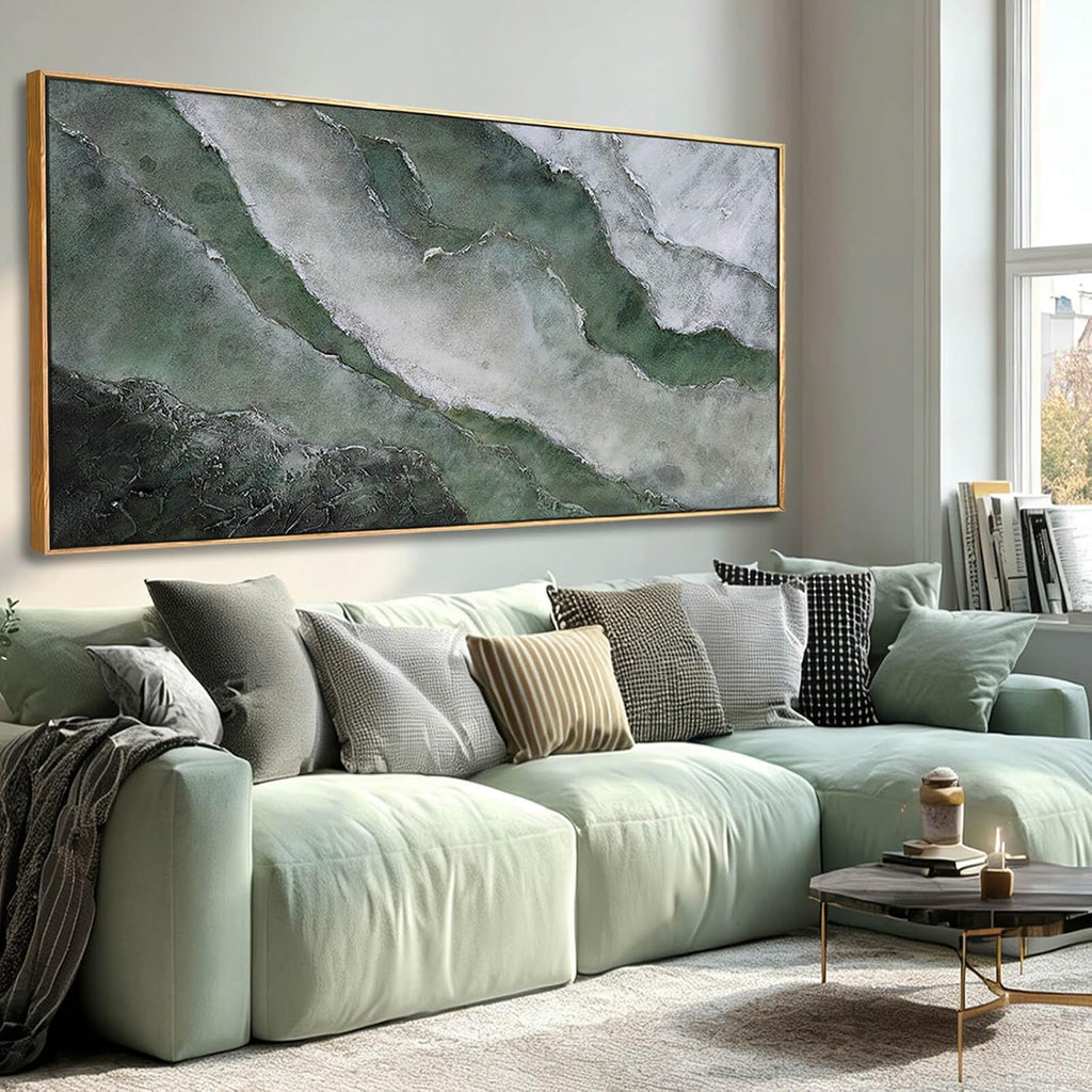 Green and White Abstract Wall Art, Large Framed Canvas Painting with Wooden Frame, Modern Abstract Wall