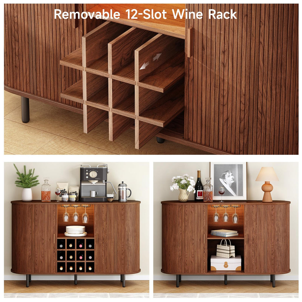 55" Fluted Wine Bar Cabinet with LED Light Walnut