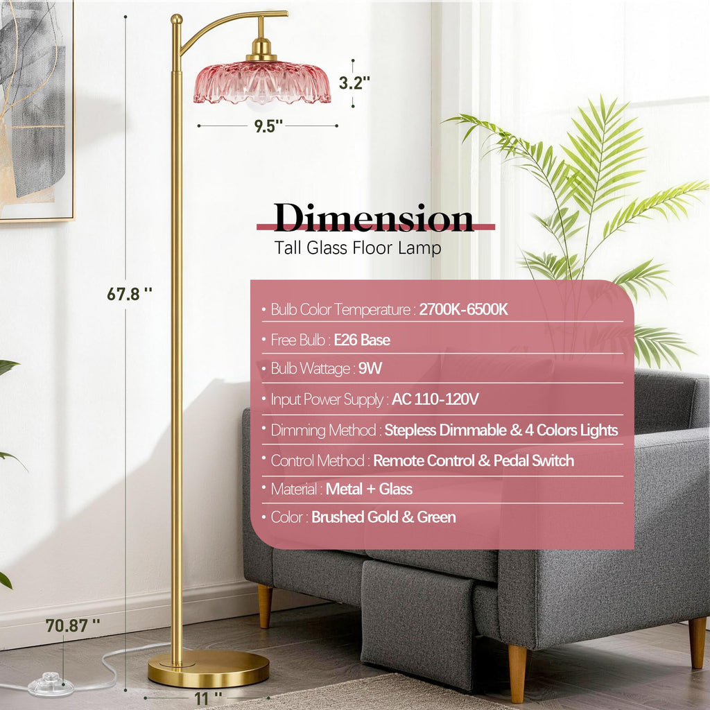 Gold Floor Lamp, Dimmable Mid Century Modern Standing Lamp with Remote Control and Pink Glass Shade, 68" Tall Lamp