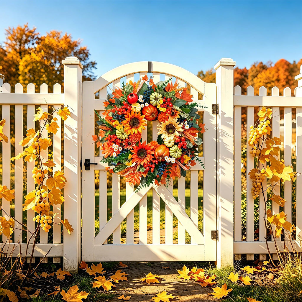 Fall Wreaths for Front Door 24", Fall Door Wreath with Sunflowers, Pumpkins